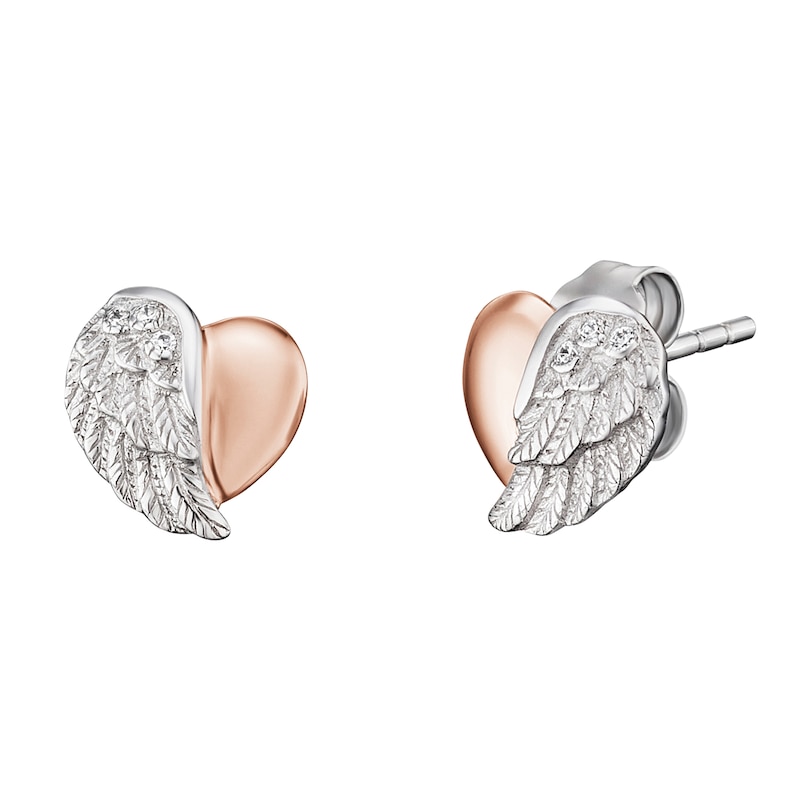 Angel Whisperer Silver & Rose Gold Heart Wing Stud Earrings