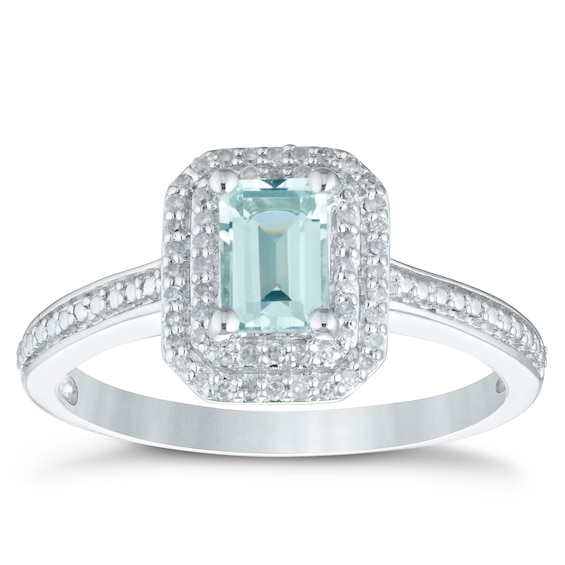 Sterling Silver Aquamarine and 0.10ct Diamond Ring