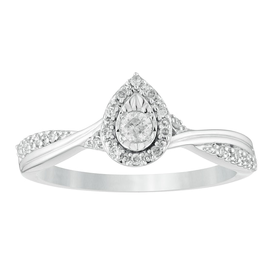 Engagement Ring 9ct White Gold Illusion Set Pear Halo 0.15ct Diamond Ring