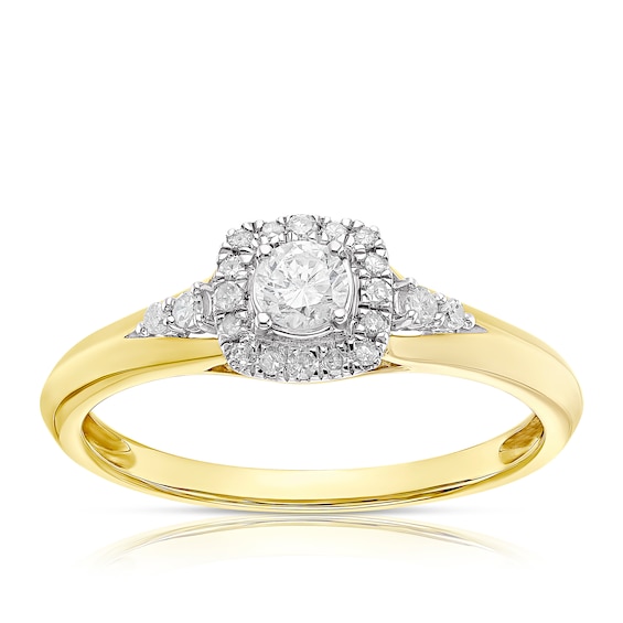 Engagement Ring 9ct Yellow Gold Total Cushion Halo 0.25ct Diamond Ring