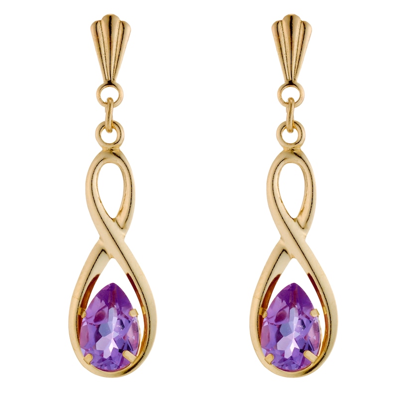 Main Image 1 of 9ct Yellow Gold Amethyst Figure of Eight Drop Earrings