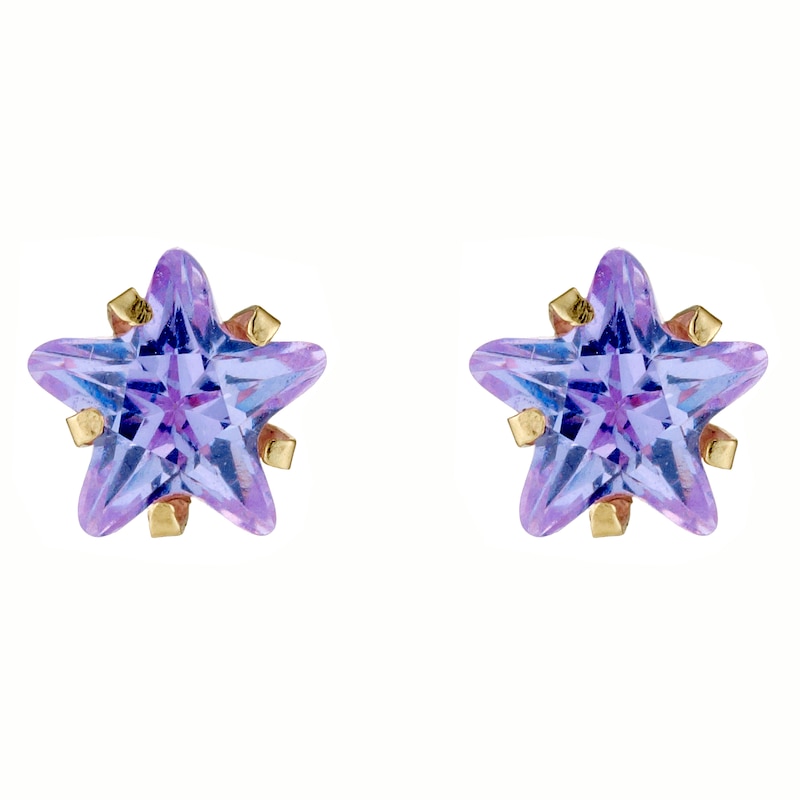 Main Image 1 of 9ct Yellow Gold Lavender Cubic Zirconia Star 6mm Stud Earrings