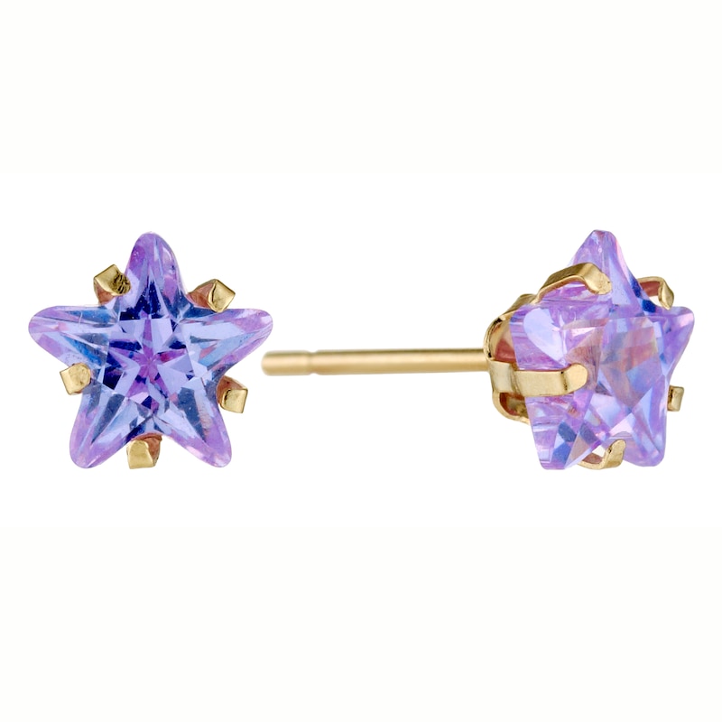 Main Image 2 of 9ct Yellow Gold Lavender Cubic Zirconia Star 6mm Stud Earrings