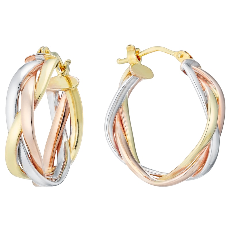 9ct 3 Colour Gold Braided 15mm Hoop Earrings