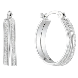 Sterling Silver Glitter Double Row 15mm Hoop Earrings