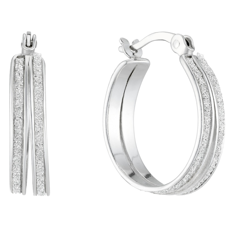 Main Image 1 of Sterling Silver Glitter Double Row 15mm Hoop Earrings