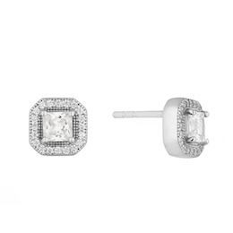 Silver Cubic Zirconia Square Halo Stud Earrings