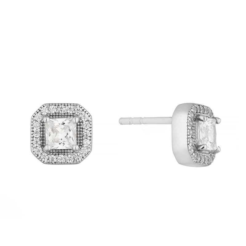 Silver Cubic Zirconia Square Halo Stud Earrings