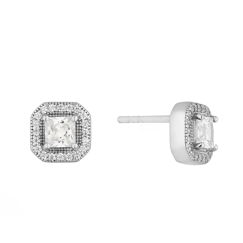 Main Image 1 of Sterling Silver Cubic Zirconia Square Halo Stud Earrings