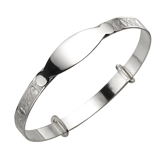 Children's Sterling Silver Heart & Flower ID Expander Bangle