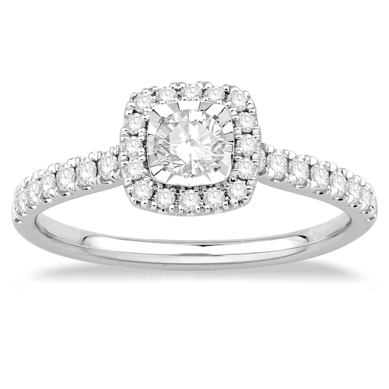 9ct White Gold 0.50ct Diamond Illusion Set Cushion Halo Ring