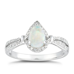9ct White Gold Opal & 0.14ct Diamond Pear Halo Ring