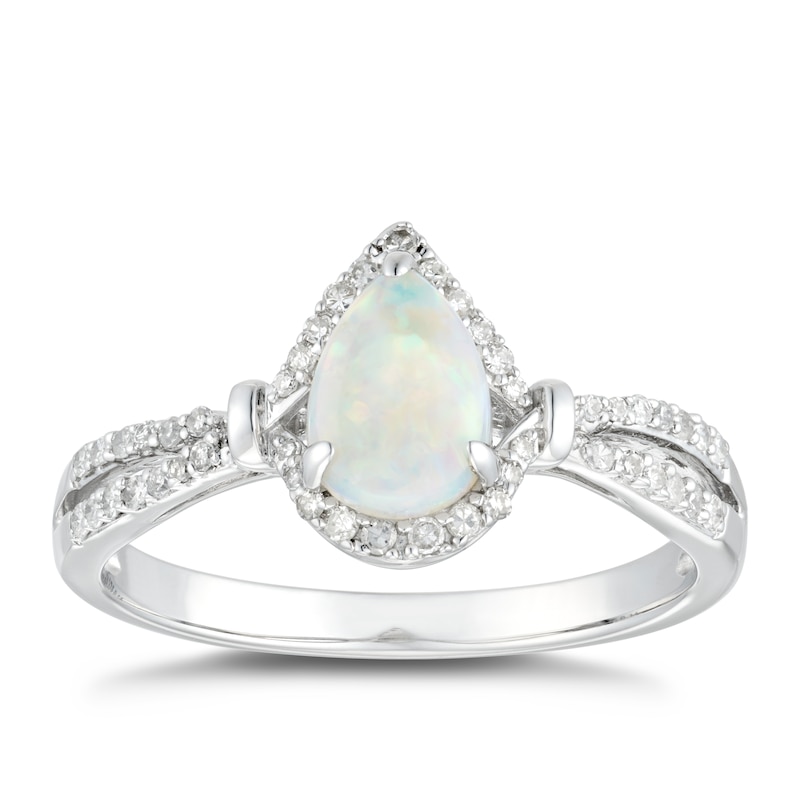 Main Image 1 of 9ct White Gold Opal & 0.14ct Diamond Pear Halo Ring