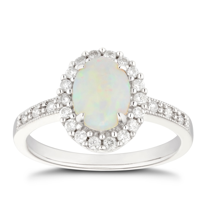 9ct White Gold Opal 0.25ct Diamond Halo Ring