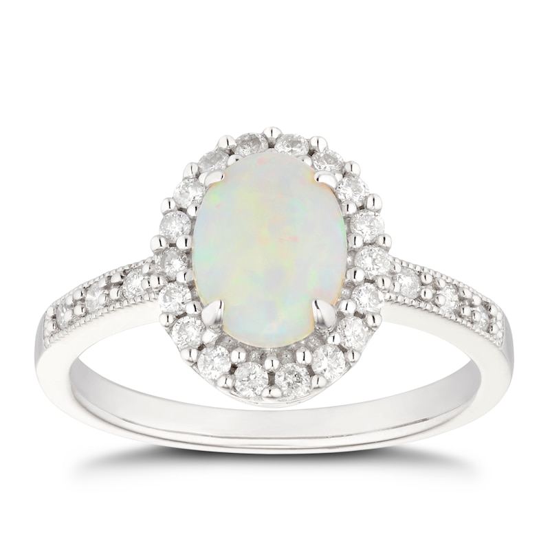 Main Image 1 of 9ct White Gold Opal 0.25ct Diamond Halo Ring