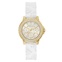 Guess Crown Jewels Ladies' Gold Tone Stone Set Bezel White Silicone Strap Watch