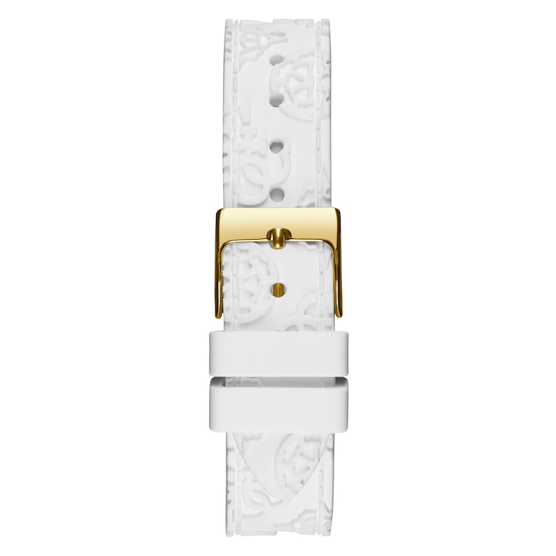 Guess Crown Jewels Ladies' Gold Tone Stone Set Bezel White Silicone Strap Watch