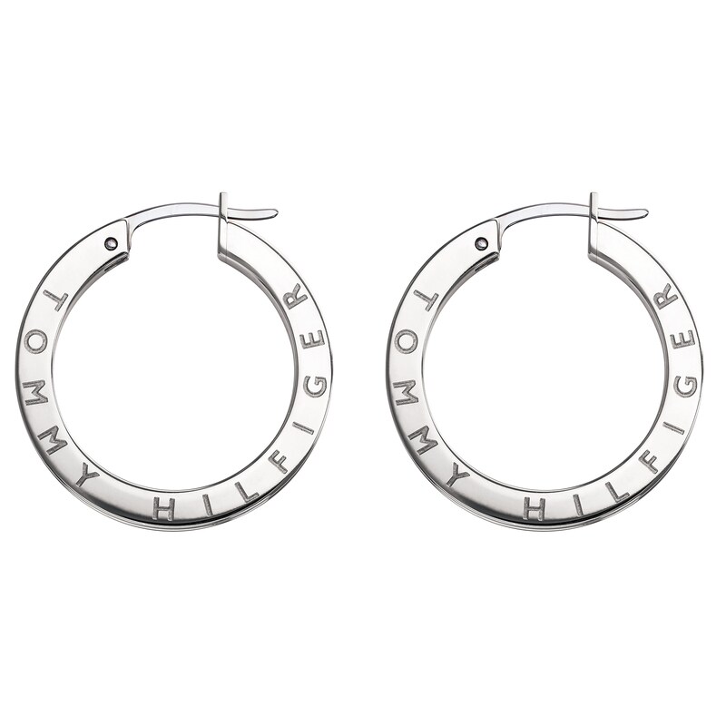 Tommy Hilfiger Stainless Steel Crystal Logo Hoop Earrings