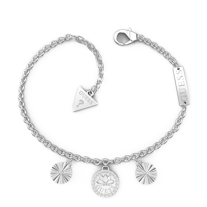 Guess Rhodium Plated Crystal Lotus Charm Bracelet