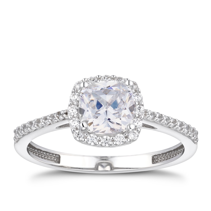 Main Image 1 of 9ct White Gold Cubic Zirconia Cushion Halo Ring