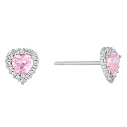 Children's Sterling Silver & Pink Cubic Zirconia Heart Stud Earrings