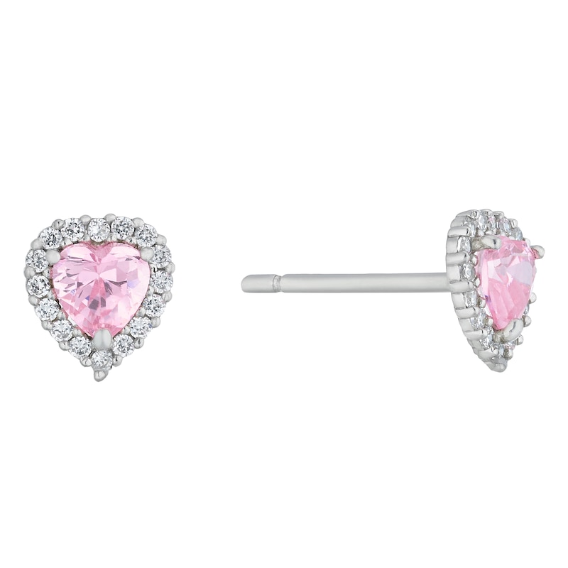 Main Image 1 of Children's Sterling Silver & Pink Cubic Zirconia Heart Stud Earrings