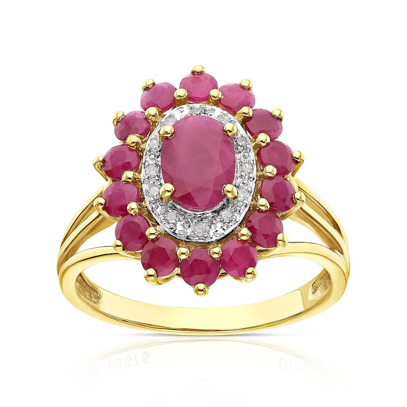 Main Image 1 of 9ct Yellow Gold Ruby & Diamond Double Halo Ring