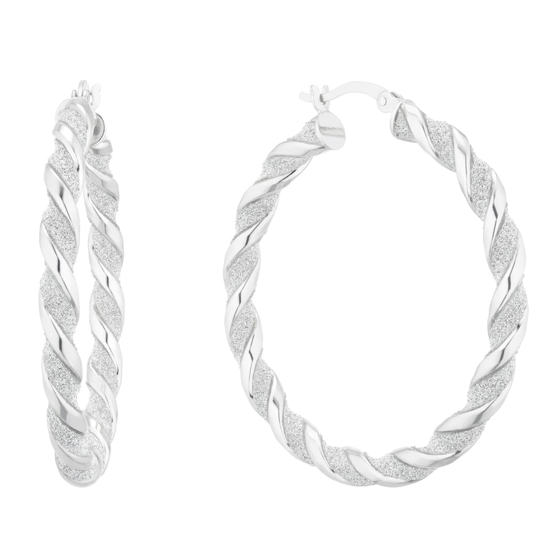 Main Image 1 of Sterling Silver Glitter Twist 33mm Hoop Earrings