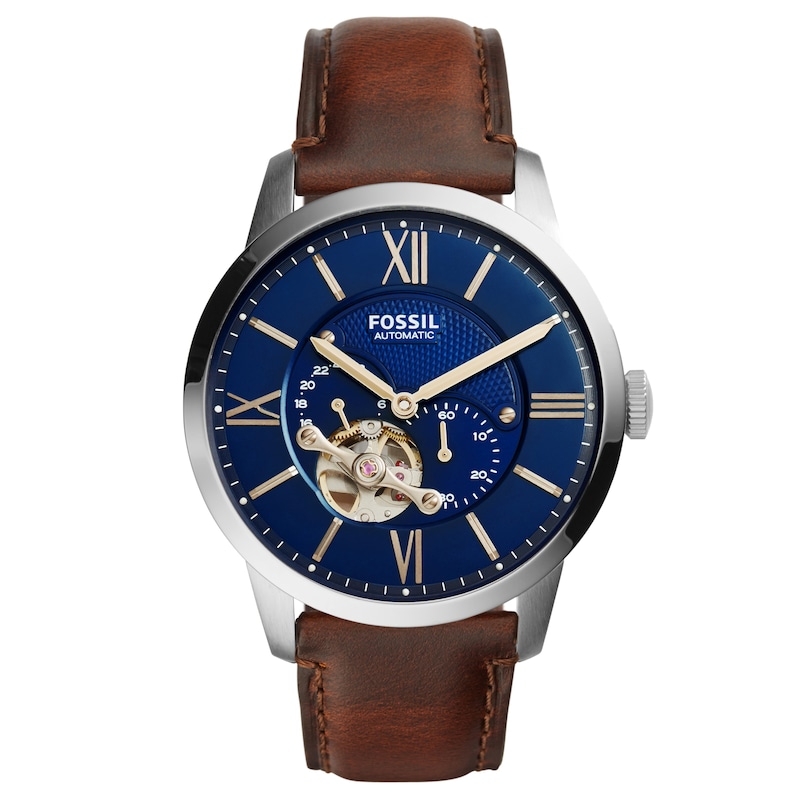 Fossil Men's Blue Open Heart Dial Brown Leather Strap Watch