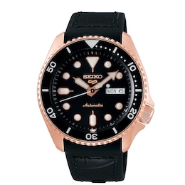 Seiko 5 Sports Men's Black Leather Strap Watch