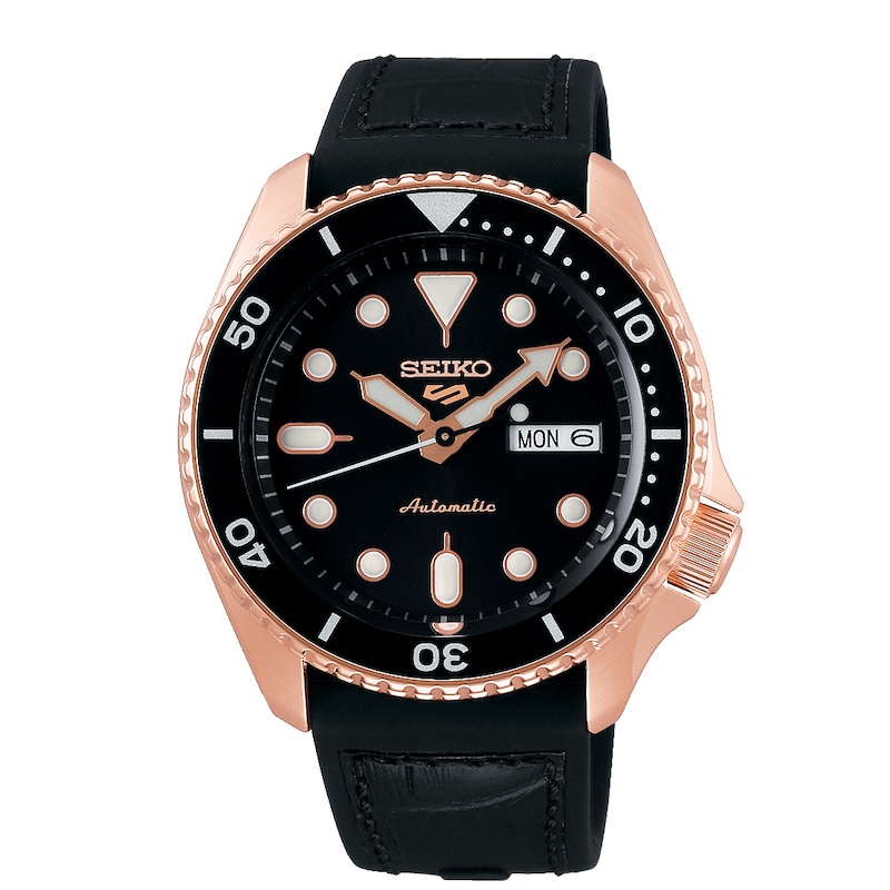 Seiko 5 Sports Men's Black Leather Strap Watch