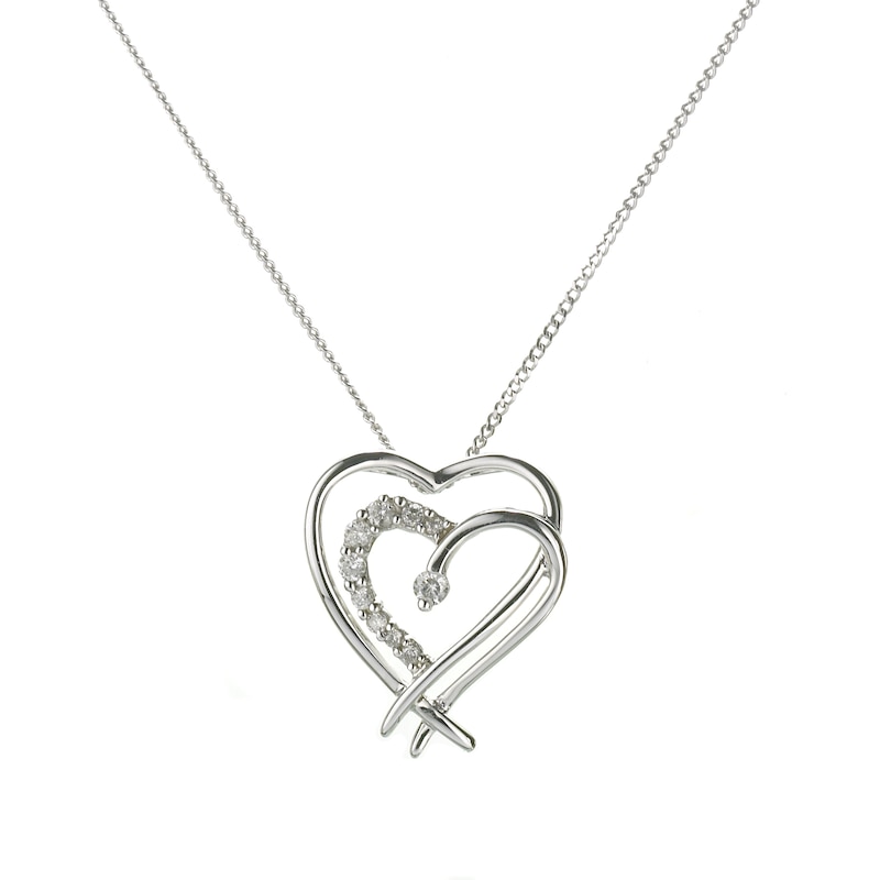 Main Image 1 of 9ct White Gold Diamond Double Heart Pendant