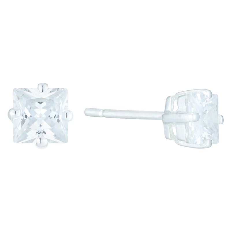 Sterling Silver White Cubic Zirconia Square Stud Earrings