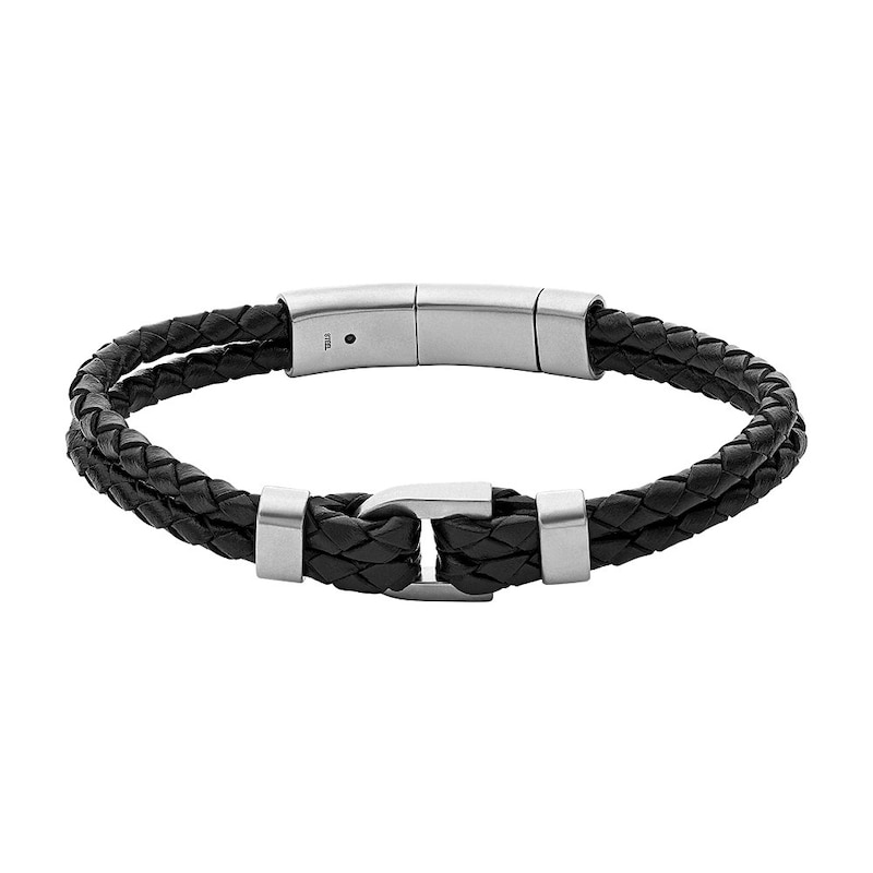 Fossil Heritage Men's D Link Black Leather Bracelet | H.Samuel