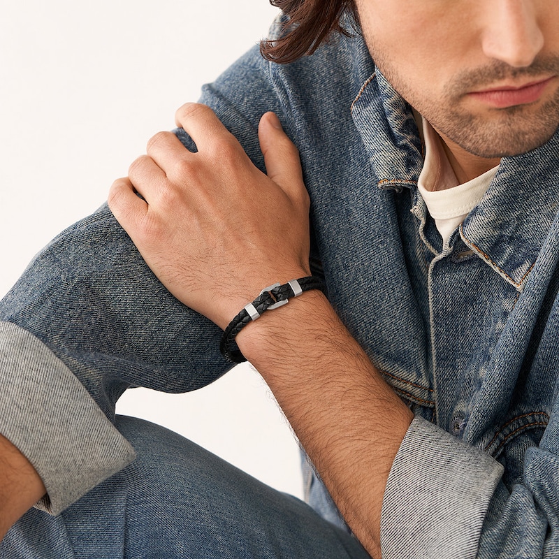 Main Image 4 of Fossil Heritage Men's D Link Black Leather Bracelet