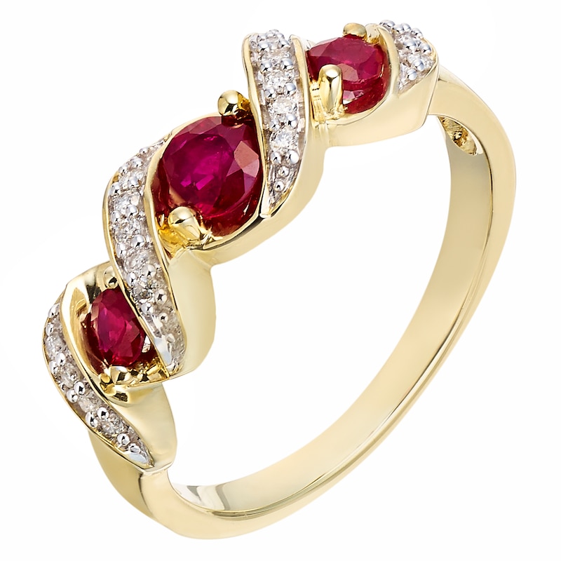 9ct Yellow Gold Treated Ruby and 0.10ct Diamond Ring