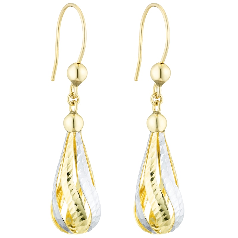Main Image 1 of 9ct Gold 2 Colour Diamond Cut Fancy Teardrop Earrings