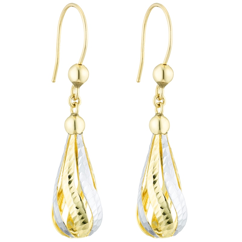 9ct Gold 2 Colour Diamond Cut Fancy Teardrop Earrings