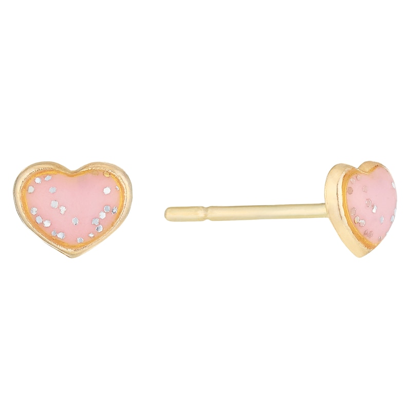 Children's 9ct Gold Speckled Pink Enamel Heart Stud Earrings