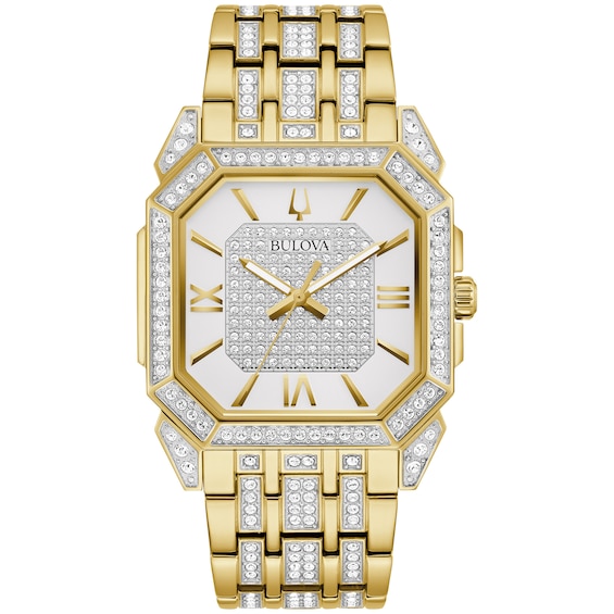 Bulova Crystal Octava Square Mens Gold Tone Bracelet Watch