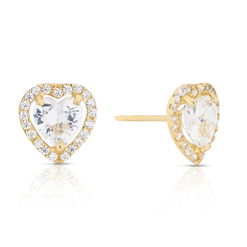 Main Image 1 of 9ct Yellow Gold & Cubic Zirconia Heart Halo Stud Earring