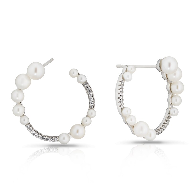 Main Image 1 of Sterling Silver CZ & Graduated Pearl Circle Stud Earrings