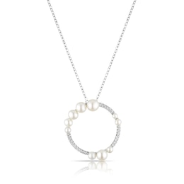 Sterling Silver CZ & Graduated Pearl Open Circle Necklace