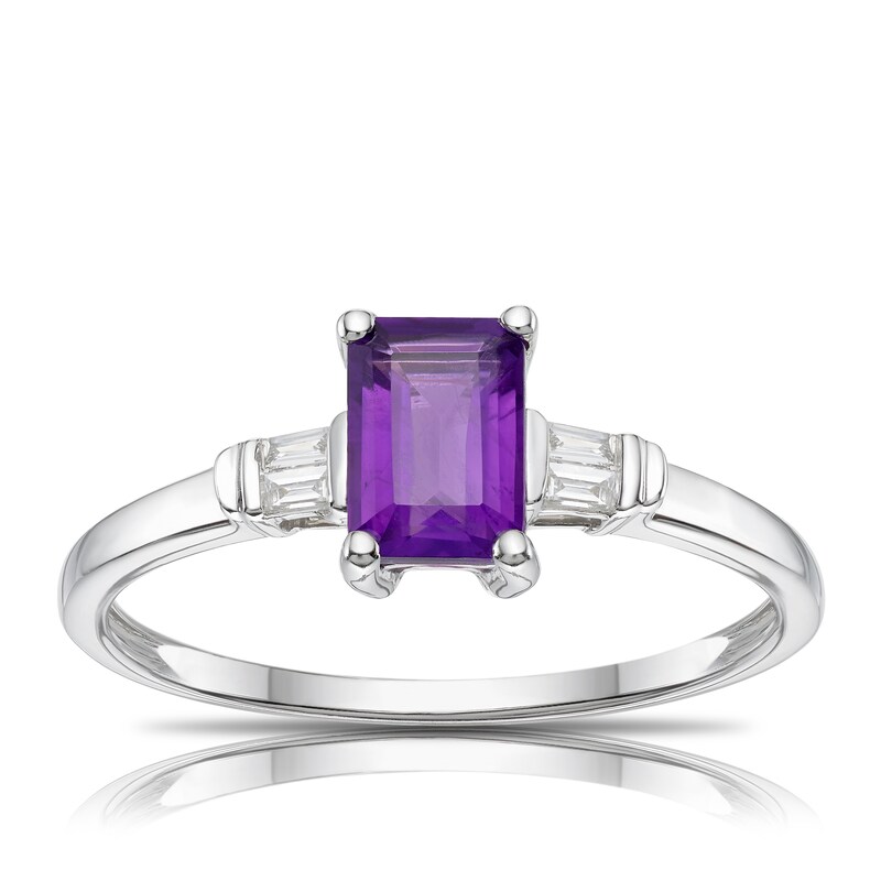 9ct White Gold Amethyst & 0.04ct Diamond Ring