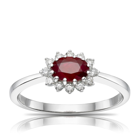 9ct White Gold Red Ruby 0.15ct Diamond Ring