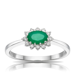 9ct White Gold Green Emerald 0.15ct Diamond Ring