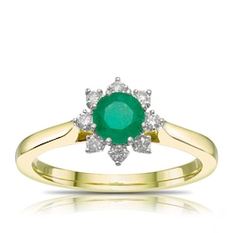 9ct Yellow Gold Emerald & 0.15ct Diamond Flower Cluster Ring