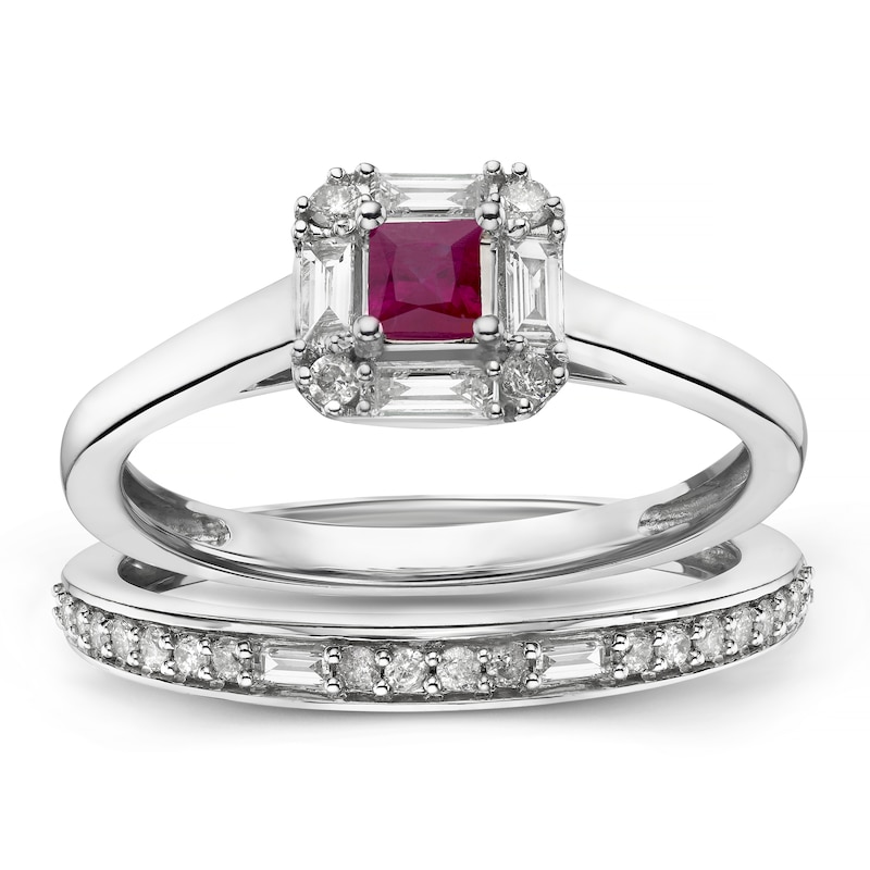 Perfect Fit 9ct White Gold 0.33ct Diamond & Ruby Bridal Set