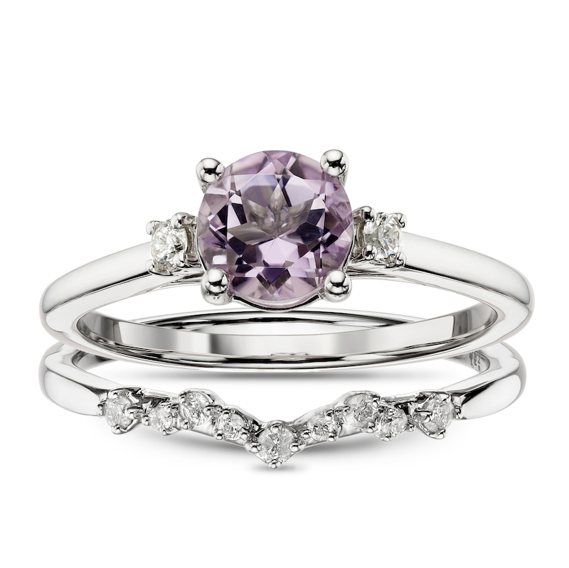 Perfect Fit 9ct White Gold 0.12ct Diamond & Rose De France Amethyst Bridal Set