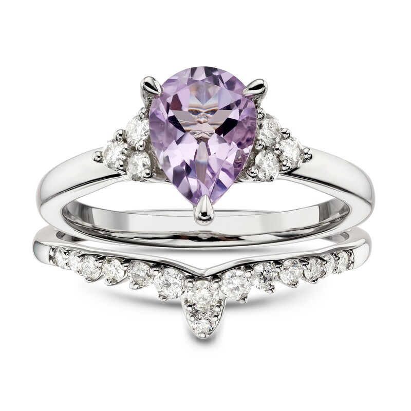 Perfect 9ct White 0.12ct Diamond & Rose De France Amethyst Bridal Set